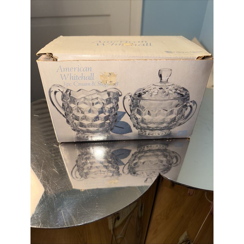 Vintage Indiana Glass American Whitehall 3 Pice Cream & Sugar Set In Orig Box